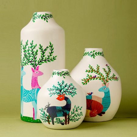 Handcrafted Ceramic Gond Art Deer Family Decorative Vase Set of 3